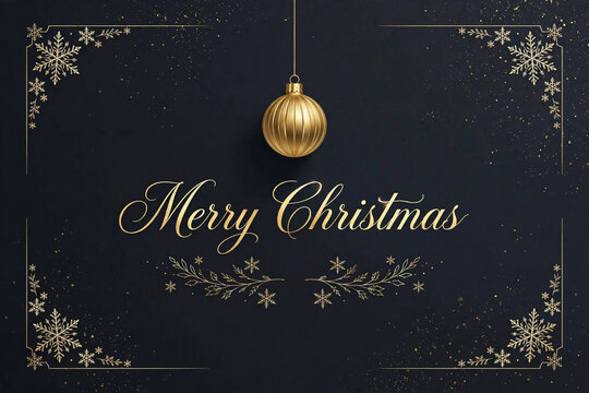 Merry Christmas Card with Hanging Gold Ornaments and Snowflakes, An elegant  Christmas card design featuring hanging gold ornament baubles and delicate snowflake illustrations