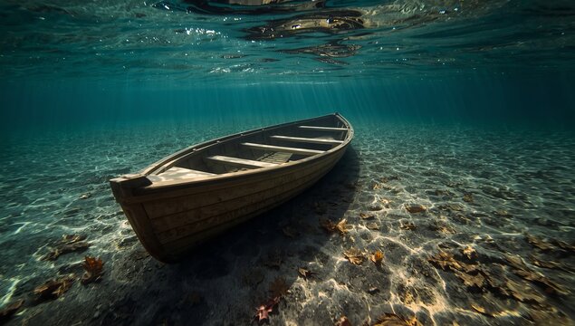 Underwater view of an empty wooden rowboat resting on the seabed