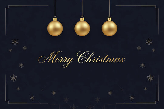 Merry Christmas Card with Hanging Gold Ornaments and Snowflakes, An elegant  Christmas card design featuring hanging gold ornament baubles and delicate snowflake illustrations