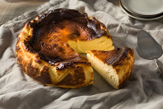 Burnt Basque cheesecake with a separated slice on linen
