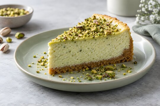 Pistachio cheesecake slice on a pale green plate