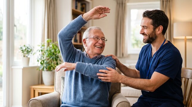 Senior man performing seated arm exercise with home health aide in cozy living room with copy space