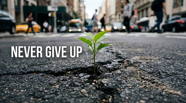 Small green plant growing through a crack in the city asphalt street with text never give up for motivation concept