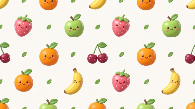 Seamless pattern featuring cute cartoon fruits with happy faces on a light background.