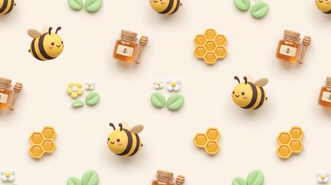 Seamless pattern with cute cartoon bees honey pots and honeycomb elements on a light background.