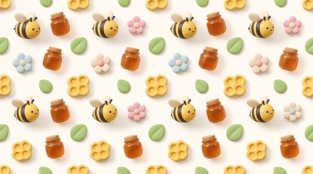 Seamless pattern with cute cartoon bees honey jars flowers and leaves on a white background.