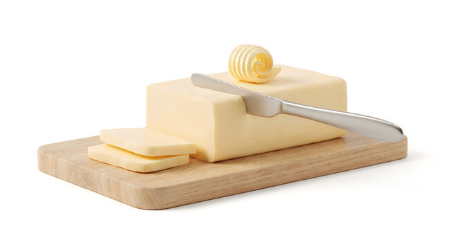 Fresh butter blocks with knife on wooden board