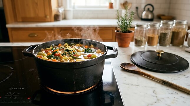 Fresh vegetable soup cooking in a black cast iron pot on a hot stove in a warm and cozy home kitchen during the day