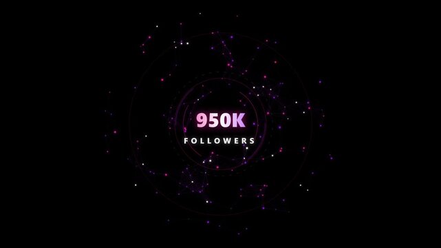 Digital milestone graphic showing nine hundred fifty thousand followers with glowing network nodes and connecting lines in a circular data visualization concept on a deep black background for social
