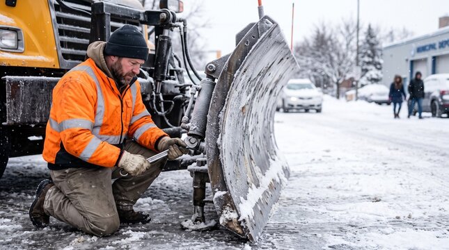 Municipal worker inspecting snow plow blade during winter road maintenance in snowy urban setting with copy space