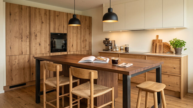 Warm Modern Kitchen with Wooden Island, Pendant Lights and Coffee Corner