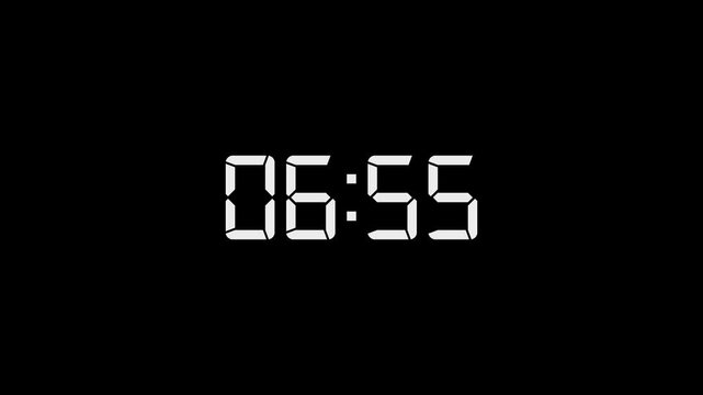 7 Minute countdown animation on black background. 7 minute digital timer on stopwatch on Alpha channel