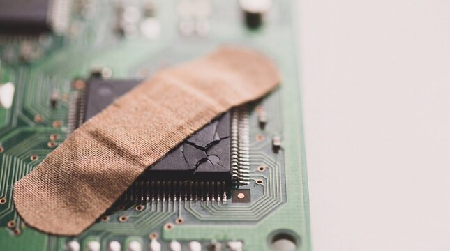 Adhesive bandage on cracked microchip, software security patch