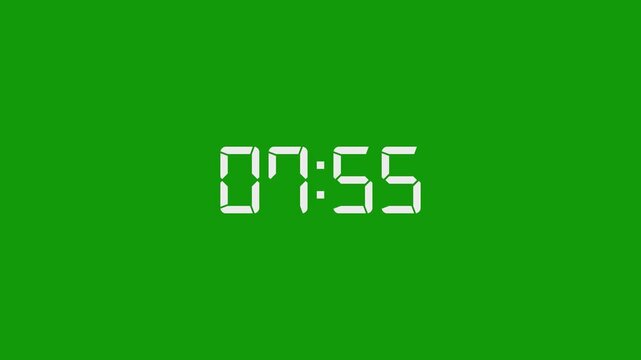 8 Minute countdown animation on green background. 8 minute digital timer on stopwatch on green background.