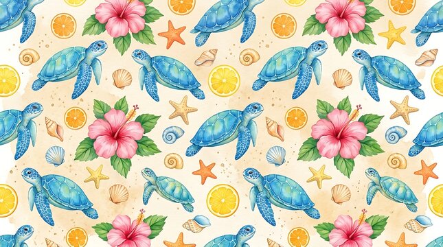Seamless pattern with cute blue sea turtles pink hibiscus flowers and seashells on a tropical summer nature background
