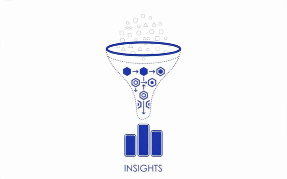 Data analysis funnel icon representing raw data filtering into actionable insights with a bar chart, vector illustration on white background
