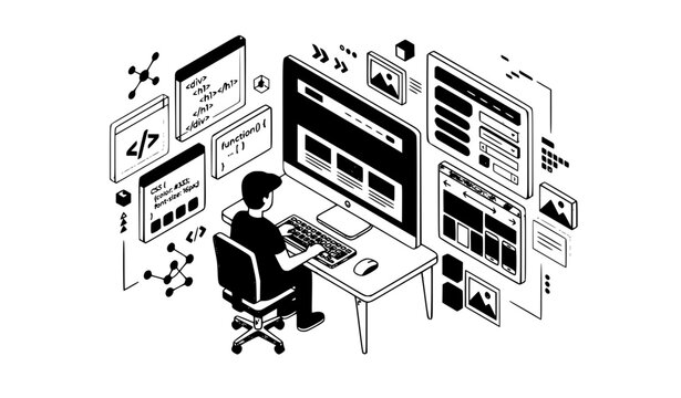Isometric Front End Developer Coding Website User Interface with HTML CSS and JavaScript Vector Illustration