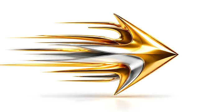 Dynamic 3d metallic gold and silver arrow moving fast representing business speed progress and future forward motion