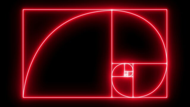 Glowing red neon fibonacci golden spiral geometric line isolated on a solid black background, representing mathematical proportion, and energy in, nature and for, scientific purposes