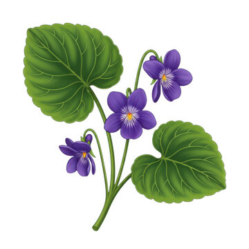 Beautiful purple violet flowers with green leaves isolated on white background