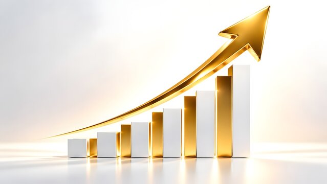 Golden upward arrow with 3d bar chart representing financial growth stock market success and corporate investment return