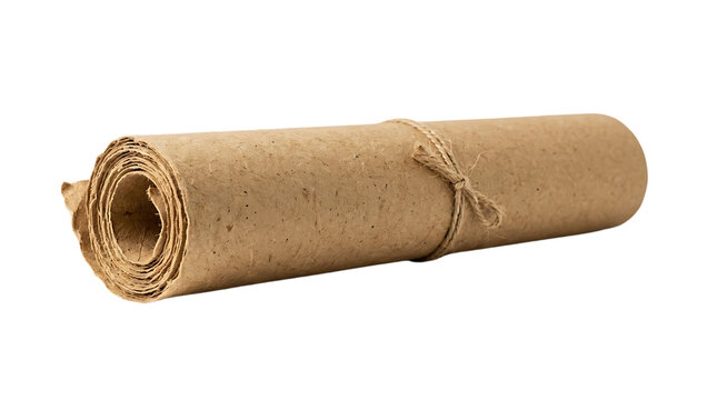 Craft paper roll tied with twine string isolated on transparent background. Recycled packaging material cylinder with rustic jute bow. Eco friendly wrapping supply photo cutout.