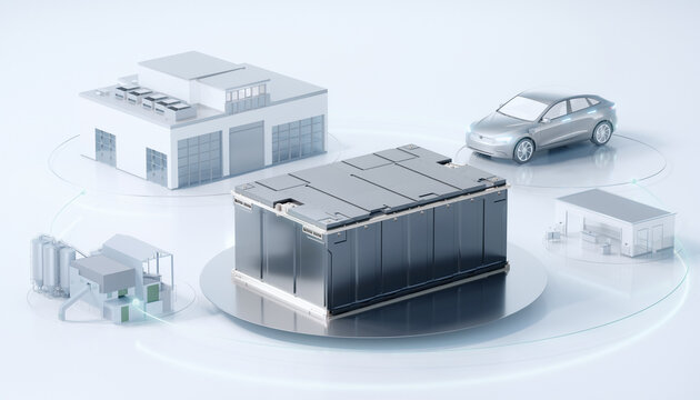電気自動車用バッテリーパックと製造拠点の供給網を表す3Dイメージ
