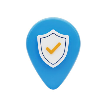 Blue map pin icon with a shield and check mark symbol isolated on white background