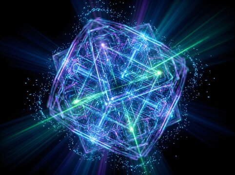 Spinning 3D geometric laser fractal sphere with glowing blue neon lines, green laser beams and particles, futuristic sci-fi abstract art
