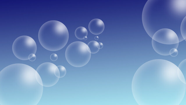 Abstract blue gradient background with large transparent soap bubbles floating in clear sky and soft glossy sphere design