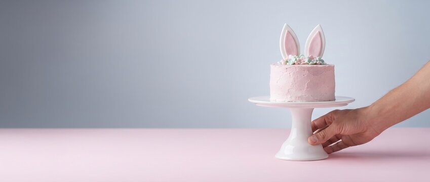 Hand presenting small pink bunny cake on a white pedestal