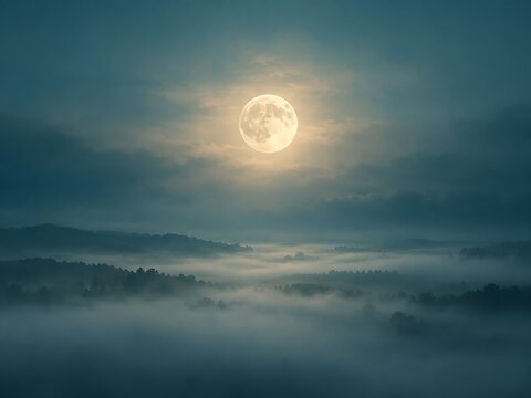 Full moon glow over morning mist, serene nature background