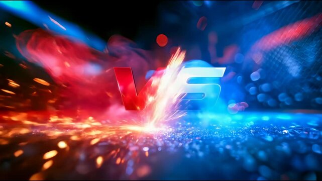 Bold red and blue VS lettering rises above a burst of sparks and smoke against a cage backdrop, forming a dramatic fight promotion banner