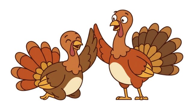 Humorous vector illustration of two cute cartoon turkeys laughing and doing a high five gesture together, isolated on a white background