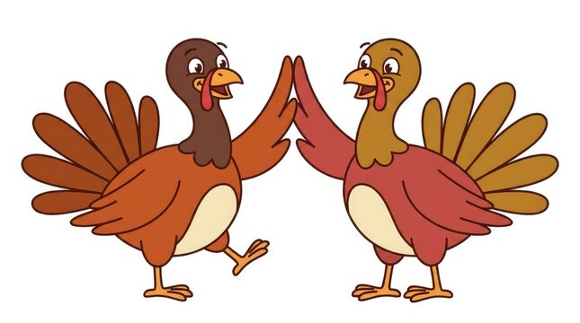 Cute cartoon turkeys giving each other a friendly high five gesture isolated vector illustration