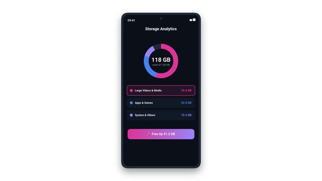 Storage analytics mobile app interface showing disk space optimization and cleanup animation on dark background