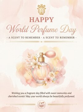 Happy World Perfume Day Greeting Card with Floral Perfume Bottle Illustration