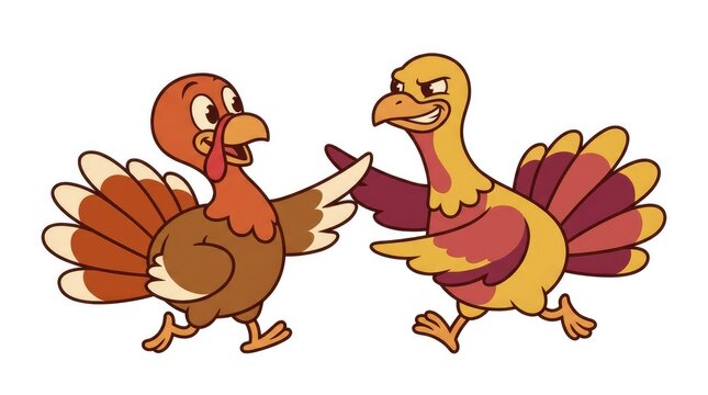 Two funny cartoon turkeys running and playing together with comical expressions in a colorful vector graphic illustration