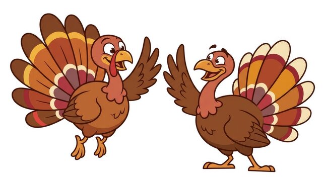 Two happy cartoon turkey birds greeting each other with spread tail feathers in a fun vector illustration