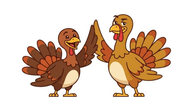 Two cheerful cartoon turkey bird characters giving a high five with colorful spread tail feathers in a fun vector illustration