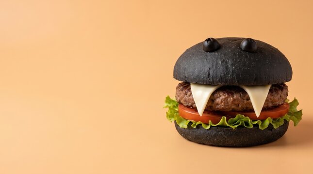 Halloween monster black burger with vampire fangs and olive eyes