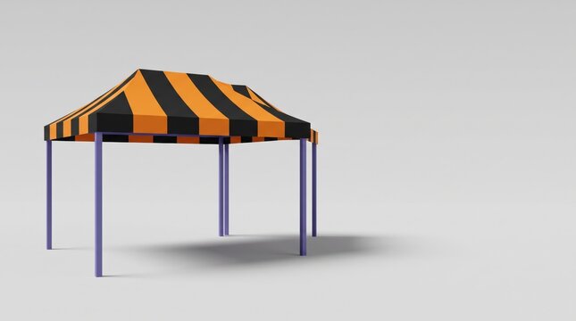 Orange and black striped canopy tent with purple metal poles
