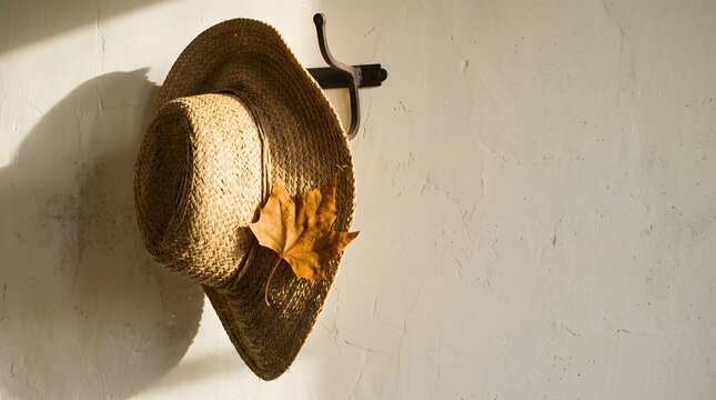 Woven straw hat holding dry autumn leaf hanging on rustic wall hook illustrating seasonal transition and peaceful nostalgic country lifestyle