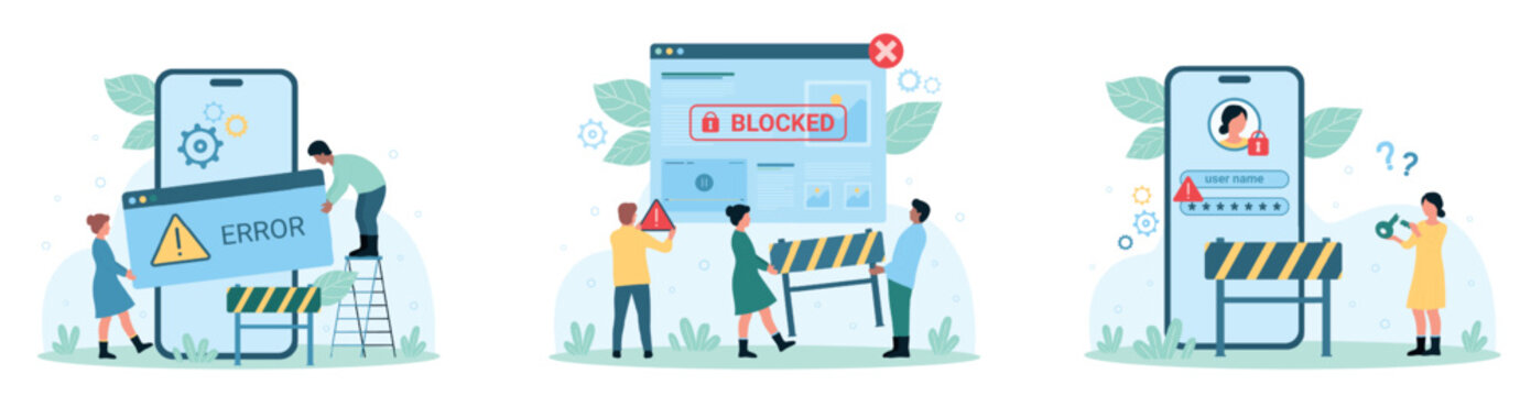 Network error, account block set vector illustration. Cartoon tiny people holding warning message and road barrier near blocked website, broken denied key to access mobile app on phone screen