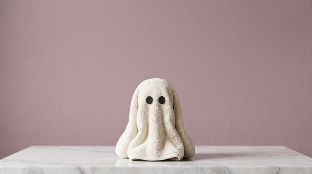 White towel folded into a ghost silhouette with black eyes