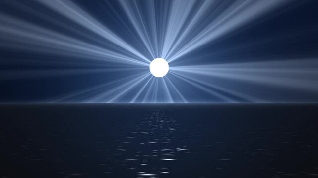 Night seascape with bright white moon shining over dark blue ocean with shimmering water reflection seamless loop animation