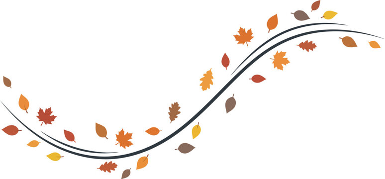 Autumn leaf swirl border vector, swirling fall foliage line art, orange and yellow seasonal foliage frame, decorative autumn leaf element for design