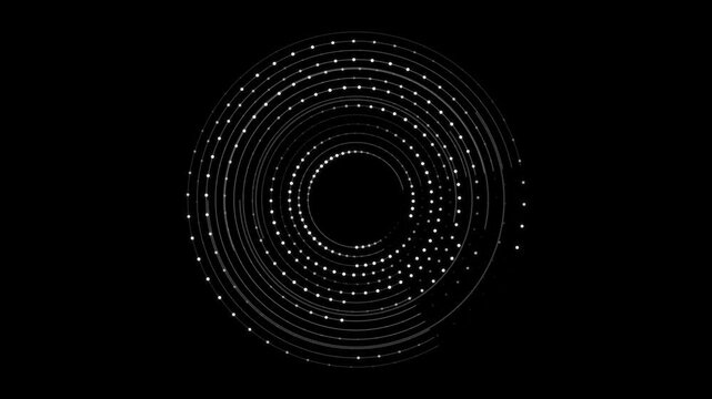 Circular data visualization consisting of concentric white dotted lines and nodes on a pitch black background representing connectivity and complex system architecture for technology and science