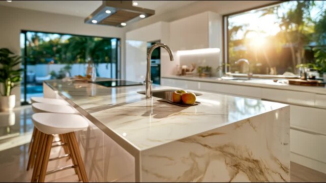 A sunlit modern kitchen features a white marble island, chrome faucet, bar stools and sleek cabinets beside large windows overlooking greenery