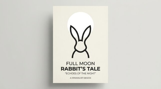 Minimalist poster design featuring a stylized rabbit silhouette line art illustration against a full moon background, creative book cover concept with modern typography and clean aesthetic
